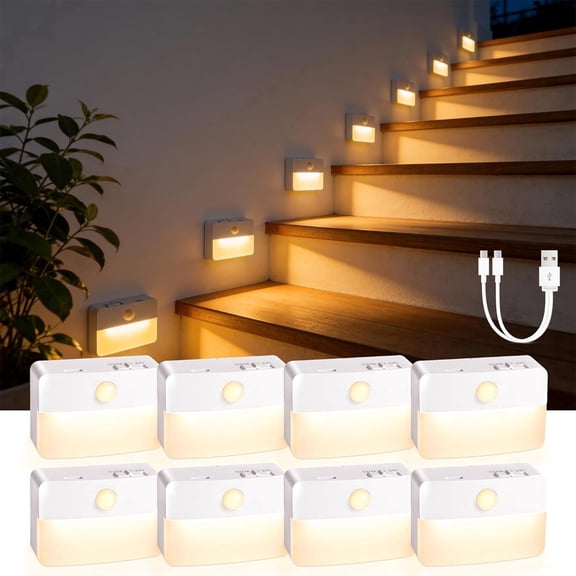 8 Pack Rechargeable Motion Sensor Stair Lights, Wireless Battery Operated Night Light, Magnetic LED Stick on Lamp for Step Hallway Closet Under Cabinet