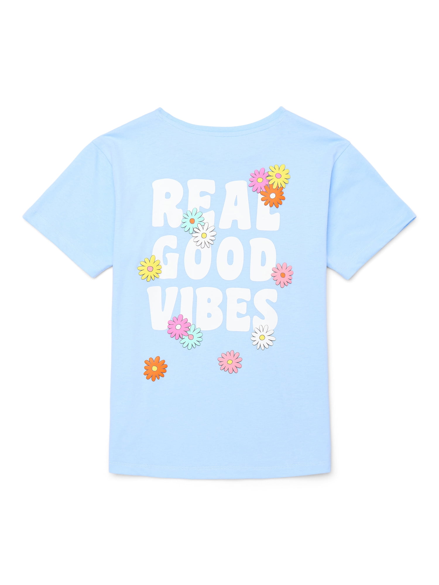 Wonder Nation Girls Vibes & Flowers Graphic Tee with Short Sleeves, Sizes 4-18