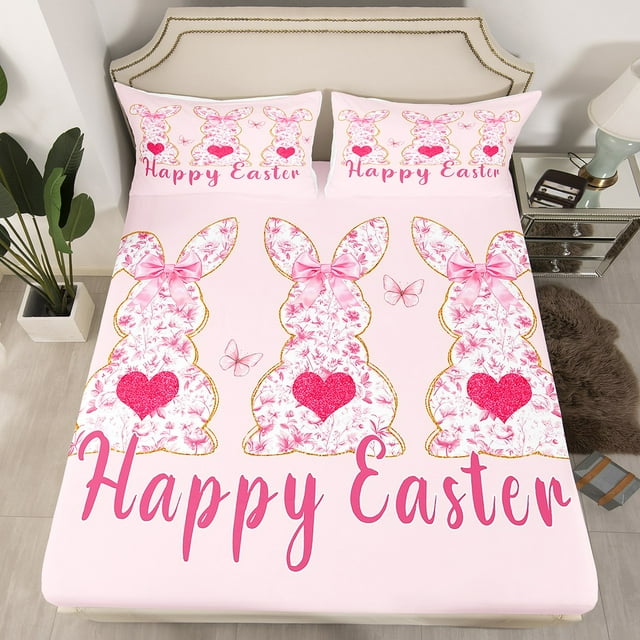 Erosebridal Cartoon Rabbit Fitted Sheet Twin, Happy Easter Print Bedding Set Twin Size, Festival Decor, 2pcs (No Top Sheet)