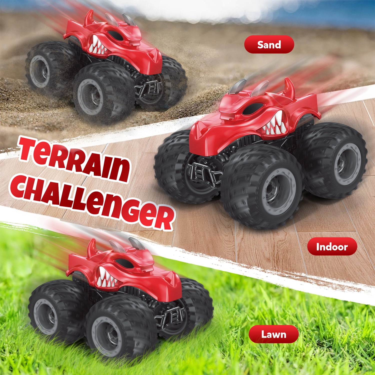 UQN Remote Control Dinosaur Toy Cars for Kids, 2.4 GHz RC Monster Trucks for Boy with Spray, All Terrain RC Dinosaur Car, Christmas Birthday Gifts for ages 3 4 5 4 6 7 8 Boys Toys, Red