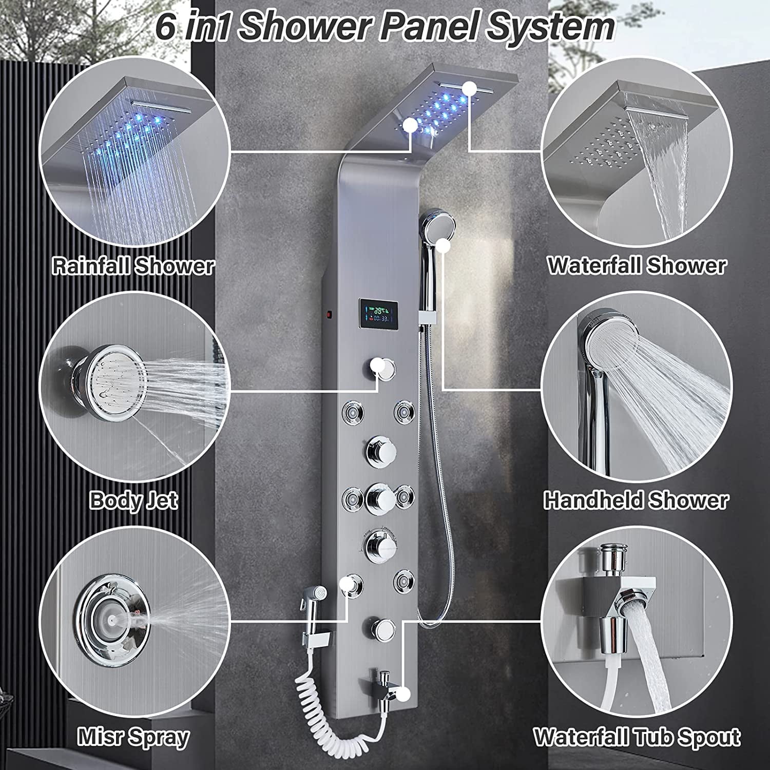 LED Shower Panel Tower System Multifunctional Shower Heads with Rain Massage Full Body Shower Jets Tub Spout Handheld Shower Wall Mounted Shower Panel Brushed Nickel