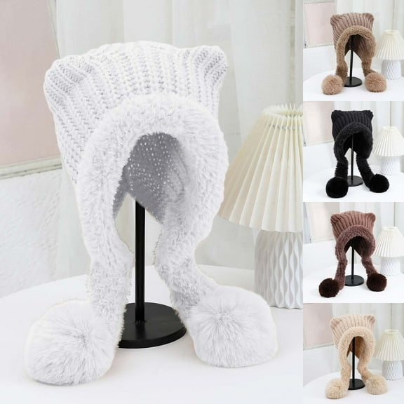 KLOY2K Women's Cat Ear Double Pom Pom Beanie, Windproof Wool Knit Hat with Adorable Animal Ear Design and Extra Warmth for Winter,Black,One Size