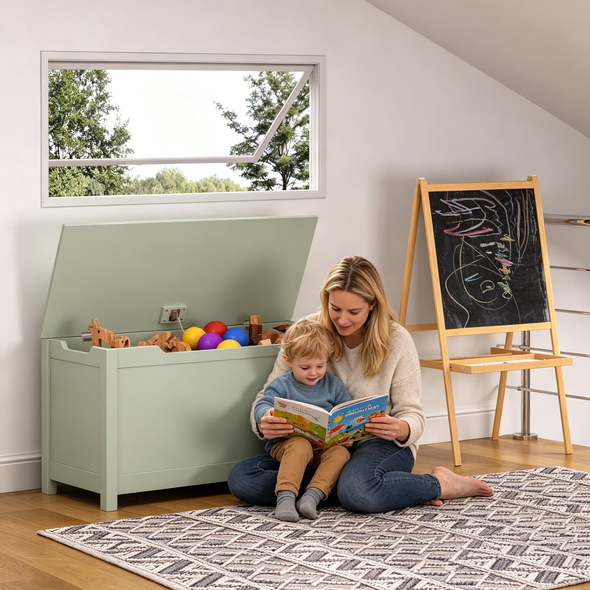 Kids Wooden Toy Storage Box with Safety Hinged Lid, MDF Toy Chest for Ages 2+, Large 2.7 Cubic Feet Storage Space, Easy Assembly