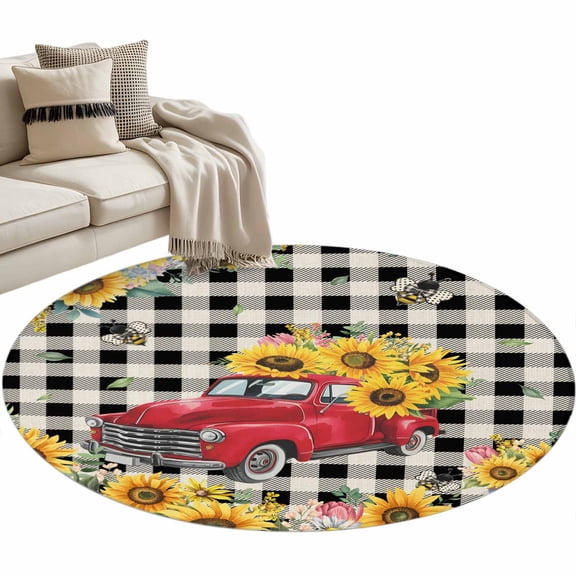 Round Area Rug 4ft Yellow Sunflower Truck Floor Carpets Indoor Floor Area Mat Stain-Proof Mat Circle Rugs for Living Room Dining Room Kitchen Bedroom, Farmhouse Bee Buffalo Plaid Sofa Throw Carpet