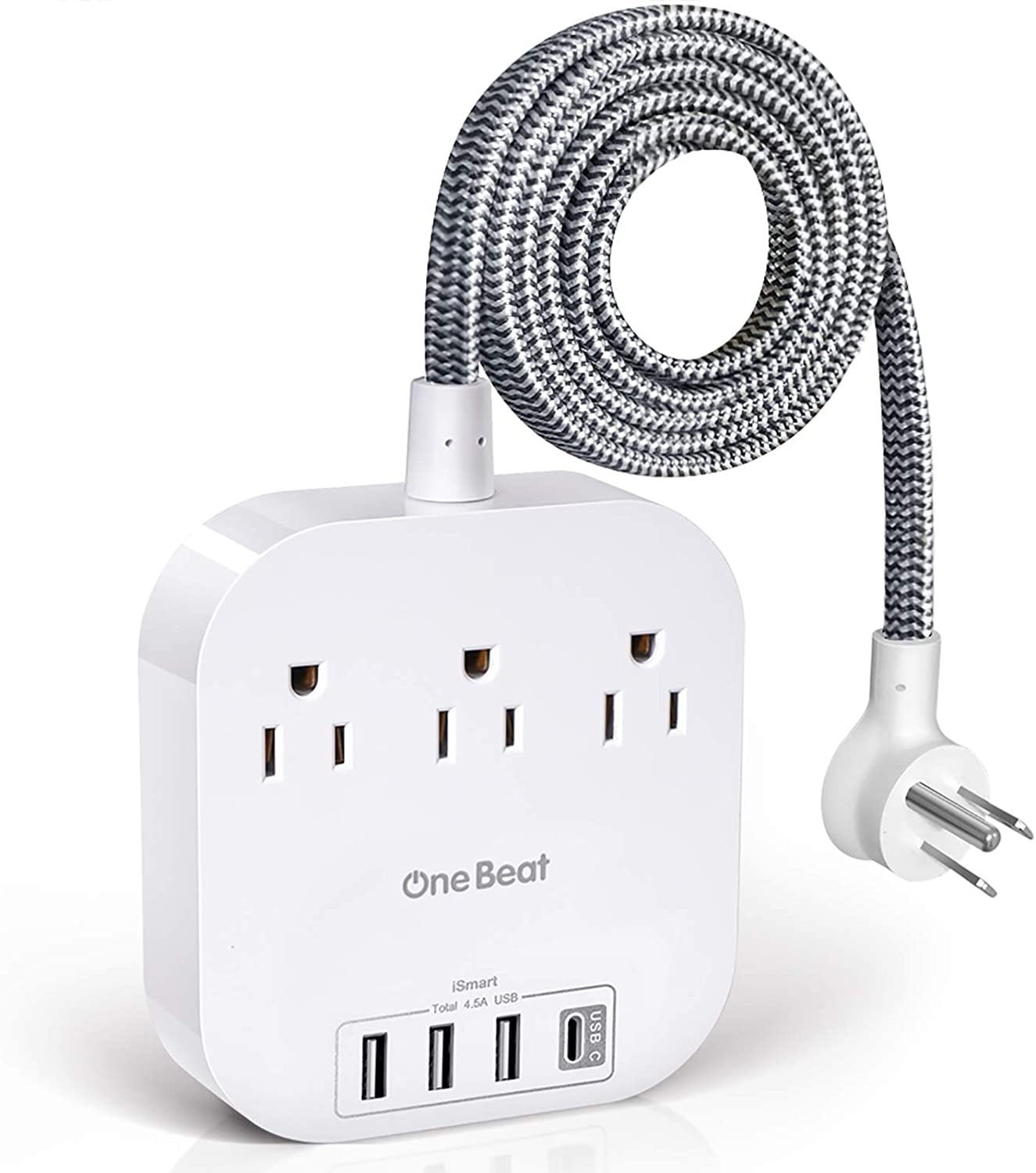 4.5A Flat Plug Extension Cord with 2 Outlet 4 USB Ports Home Office Desktop Charging Station for Nightstand Power Strip with USB 5 Ft Long Extension Cord Dorm 