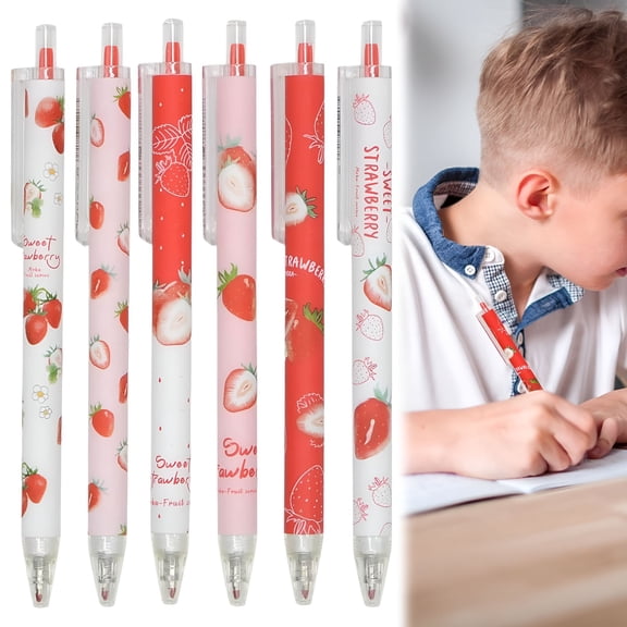 CCOCC 6Pcs Cute Strawberry Gel Pens,0.5Mm Black Ink Retractable Pens,Kawaii Office Supplies for Journal,Gifts&Women
