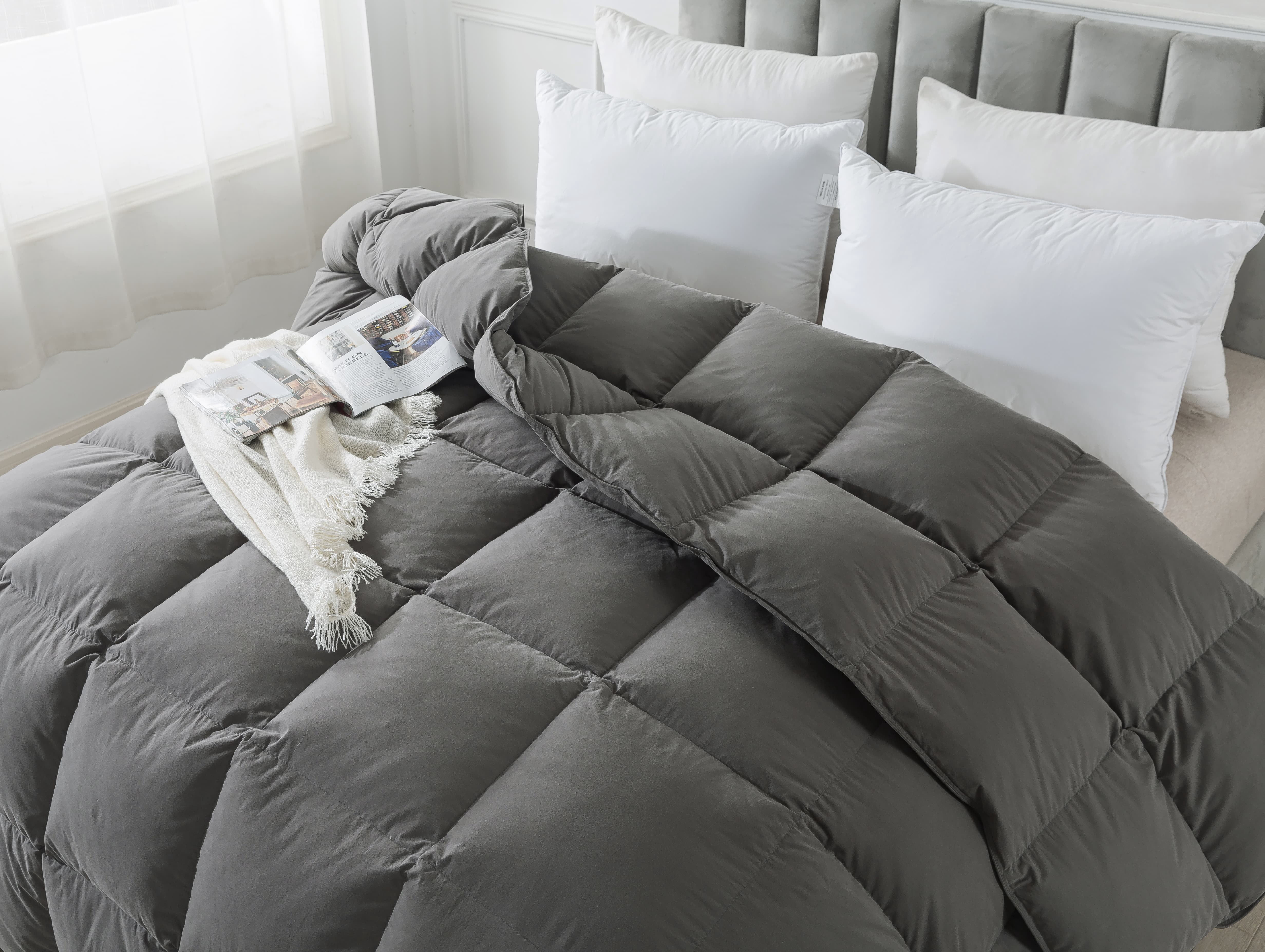 BedTreat Goose Feather Down Comforter King Size, Luxury Hotel Bedding Comforter All Season Duvet Insert, Medium Warmth 100% Cotton Gray Cover with Corner Tabs（106x90 inch）