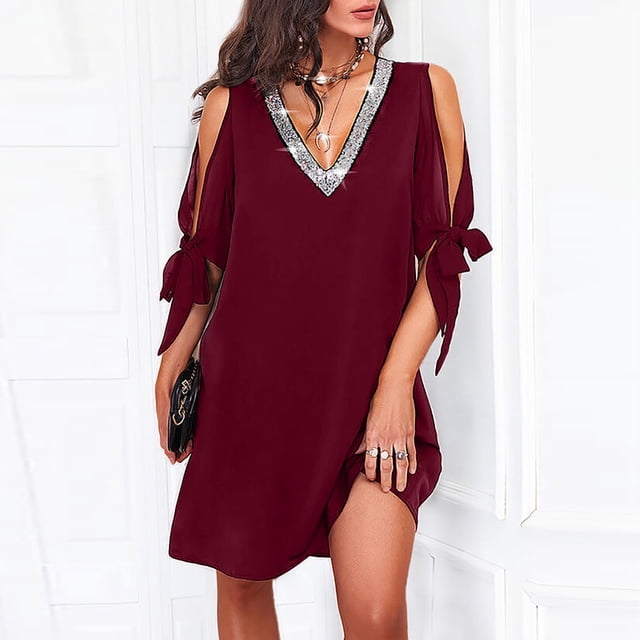SMihono Robes d'Été Bohémiennes Femmes Grande Taille Mode Femmes Col en V Été Uni Décontracté Manches Courtes Mi-Mollet Robe