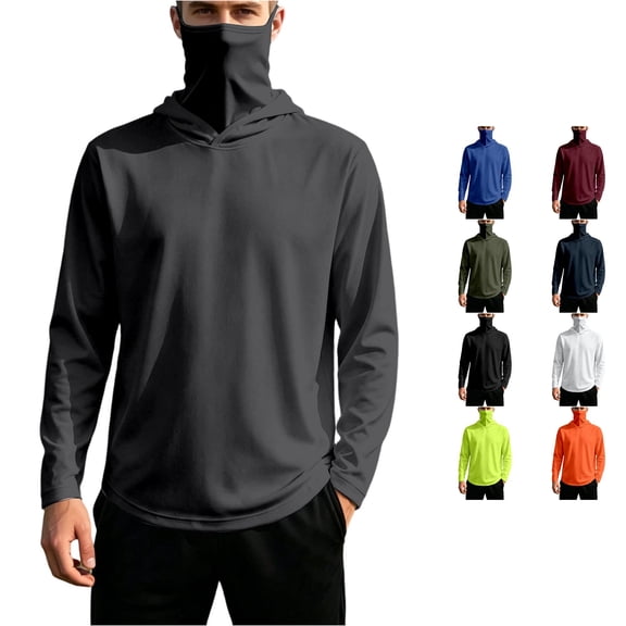 RUTAYY Men's Hoodie Long Sleeve Integrated Neck Gaiter Solid Color Pullover Sweatshirt Grey