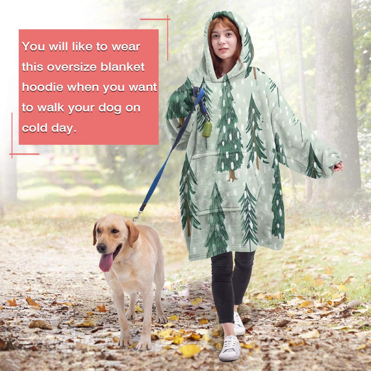 Wearable Oversized Blanket,Light Green Christmas Tree and Snow Pattern Wearable Blanket Hoodie for Adults,Cozy Hooded Blankets with Super Pockets,Super Warm Fuzzy Pullover for Women & Men
