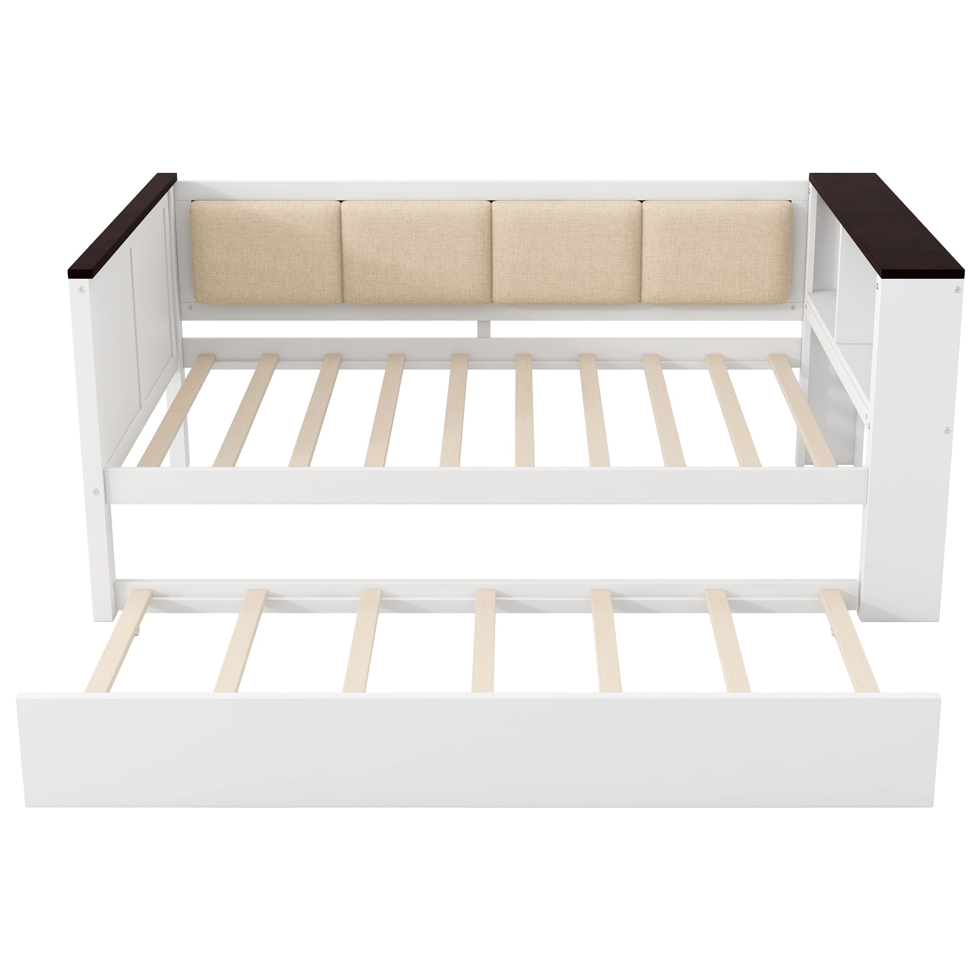 Alvantor Twin Size Wood Daybed with Trundle, Upholstered Bed Frame with Storage Shelves and USB, White