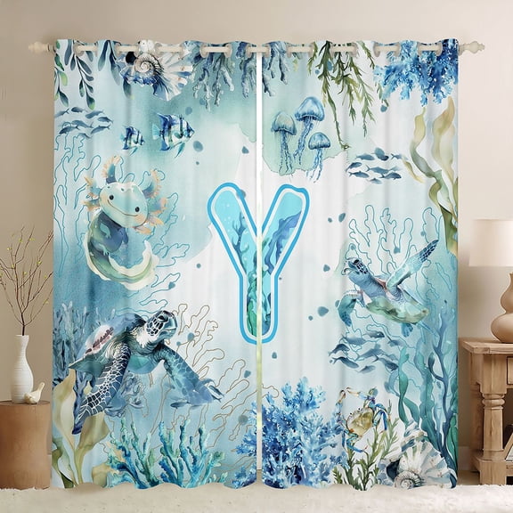 Manfei Watercolor Underwater Letter Y Axolotl Sea Turtle Black Out Curtains for Kids Boys and Girls, Nautical Alphabet Print Curtains Pack of 2 (42x63 Each)