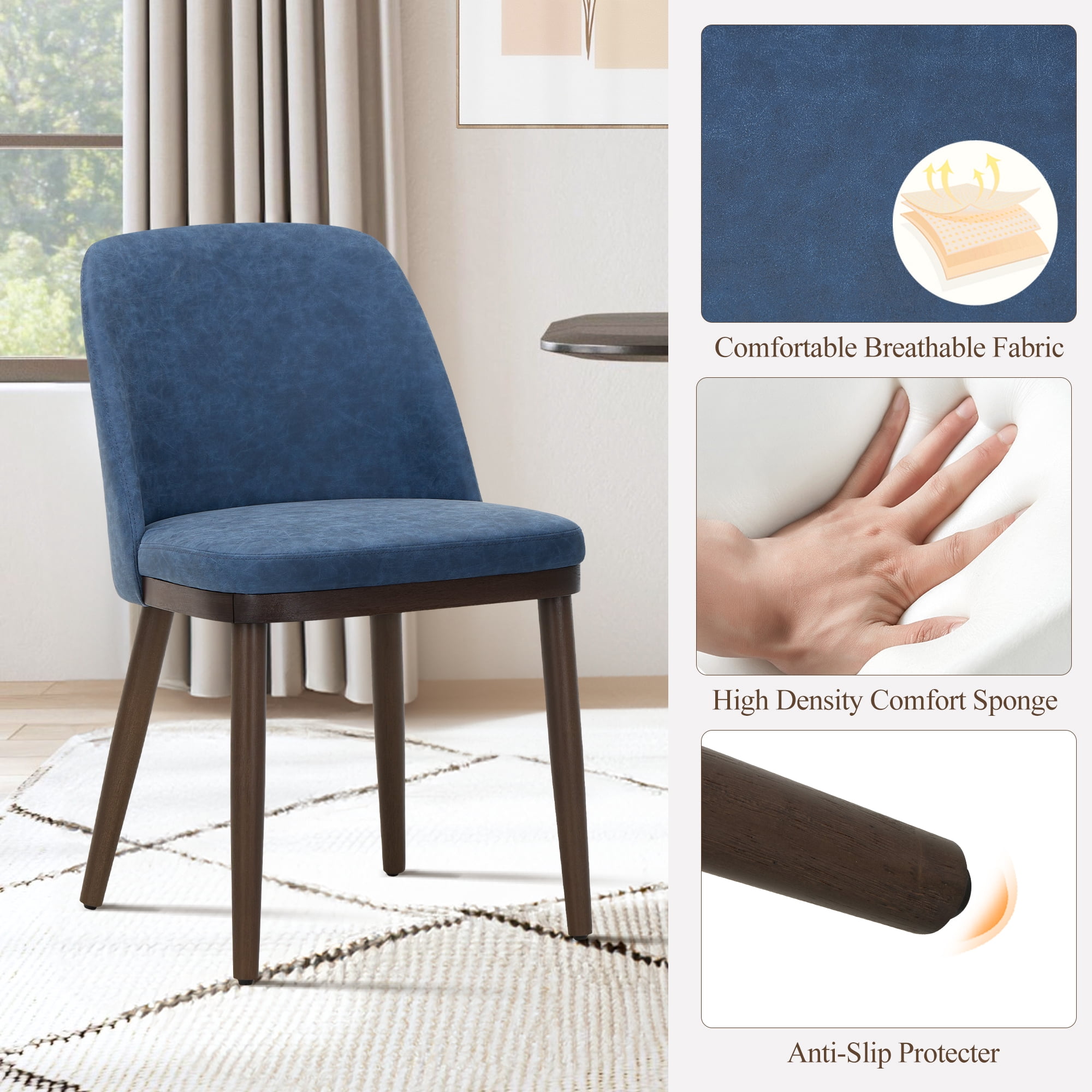 Modern Upholstered Dining Chairs Set of 4 — Faux Leather Padded Side Chairs with Solid Wood Legs for Kitchens and Dining Rooms, Blue