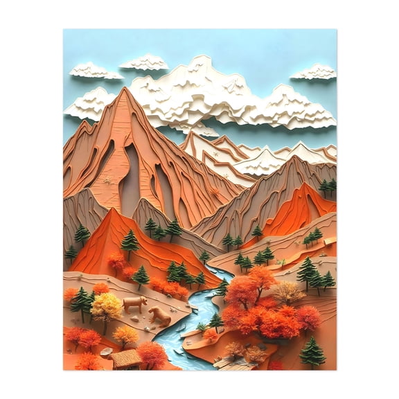 Assemblage 03 Orange Mountains - India Illustration Landscape Autumn Nature Wildlife Scenic Surrealism Unframed Wall Art Print 8 x 10 inches