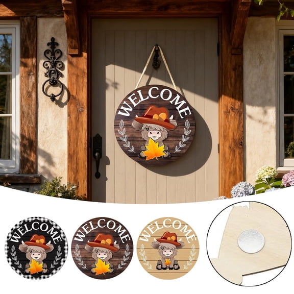 Welcome Sign for Front Door, Cow Themed Welcome Sign with 34 Detachable Ornaments Interchangeable Seasonal Welcome Decor for Spring, Summer, Fall, Winter Holidays, Brown