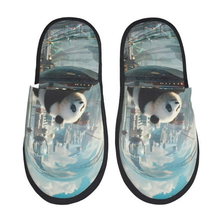 Balery Panda In Futuristic City Slient Indoor Furry Fleece Comfort House Shoes Soft Non-Slip Home Shoes Cotton slippers House Slippers-- Medium