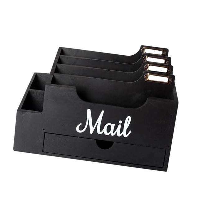 veasfak Countertop Mail Organizer Mail Basket Rustic Vintage Wooden Multipurpose Desk Organizer File Storage Holder for Paper Folders black