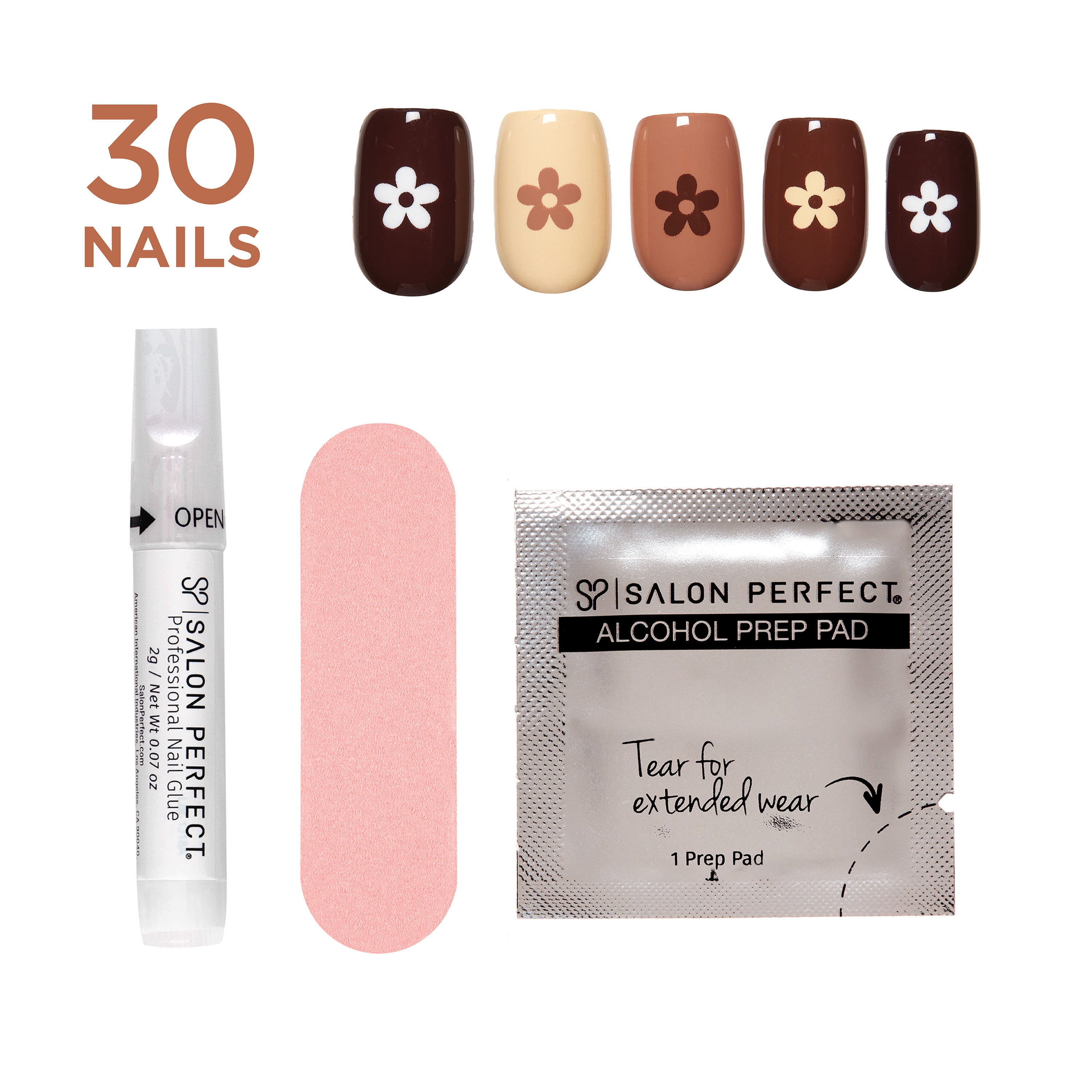 Salon Perfect Halloween Chill Short Square Press-On Nails with Glue & File, Brown Floral, 30 Pieces