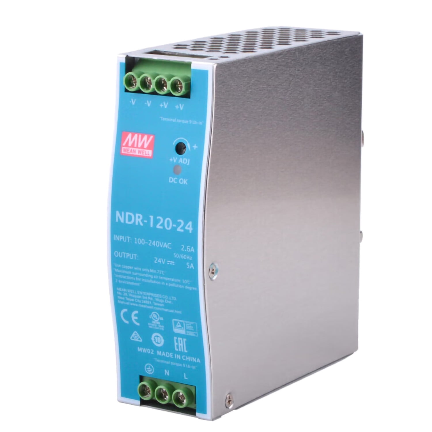 Feedannce 120W 24V DIN Rail Power Supply for Industrial Control and Automation, MEAN WELL NDR-120-24