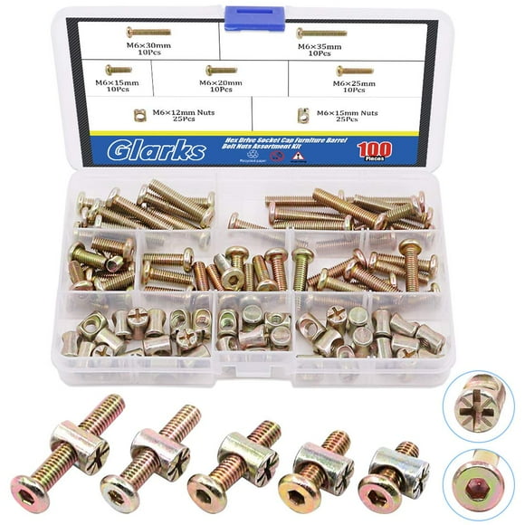 Glarks 100Pcs Zinc Plated M6x15/20/25/30/35mm Hex Socket Head Cap Furniture Screws Bolts and Barrel Nuts Assortment Kit for Furniture Beds Crib Chairs