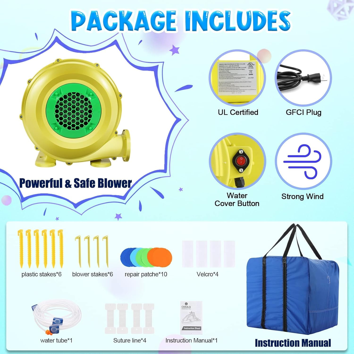 Veeboto Inflatable Water Slide, 5-in-1 Inflatable Water Park with Blower, Paddling Pool, 2 x Water Guns, Climbing Wall, Basketball Hoop, and Long Water Slide for 2-10 Years Kids