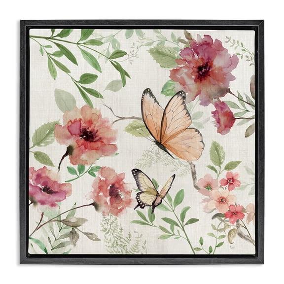 Stupell Industries Shabby Chic Butterflies over Wild Cottage Flowers Black Floating Frame Canvas Art, 18 x 18, by Nan
