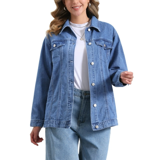 Chaqueta de mezclilla larga INSPIRE CHIC para mujer, chaqueta de jean de manga larga oversized con bolsillo, color azul claro