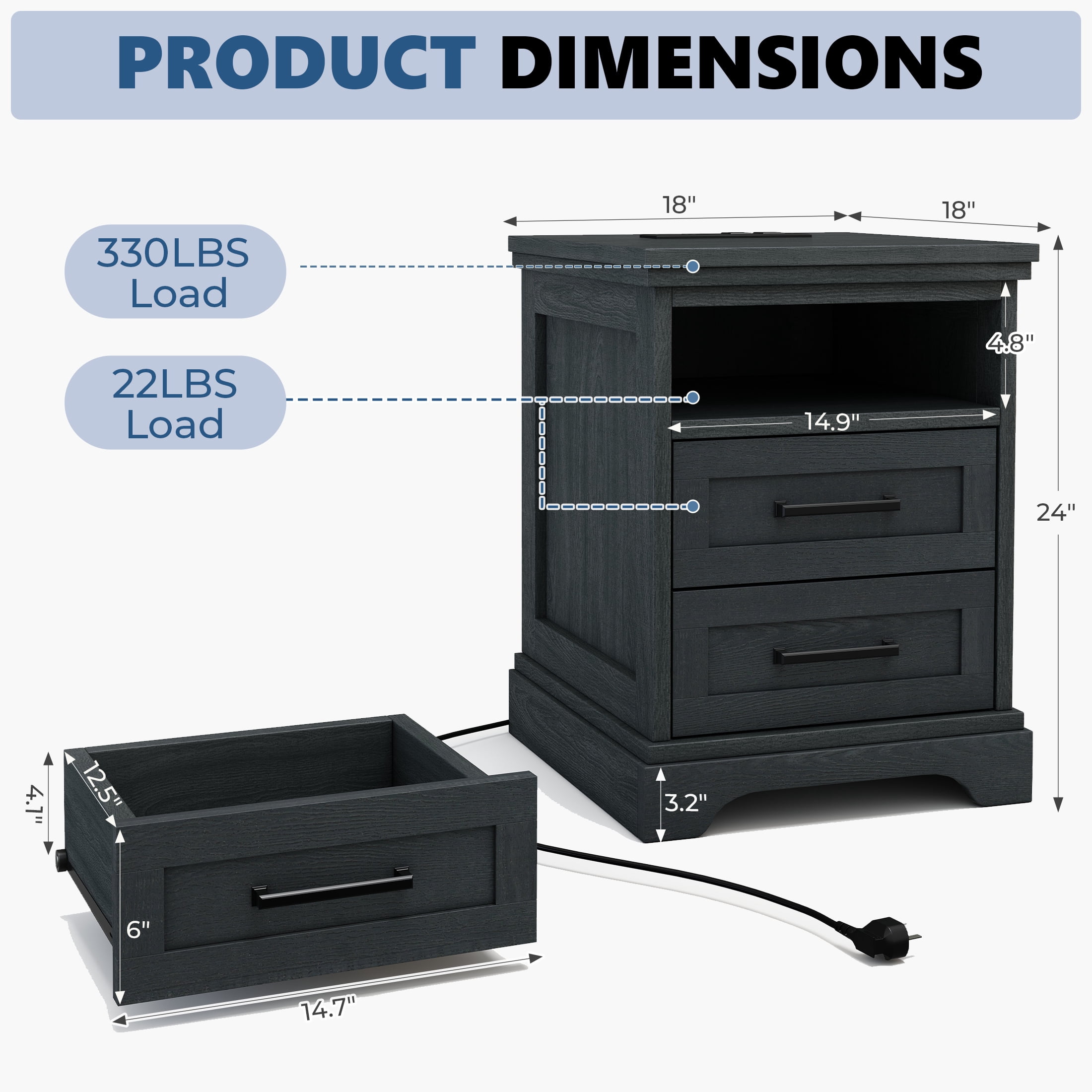 EDX 2 Drawers 24" Wood Nightstand with Drawers and Charging Station, Bedside Table for Bedroom or Living Room, Black