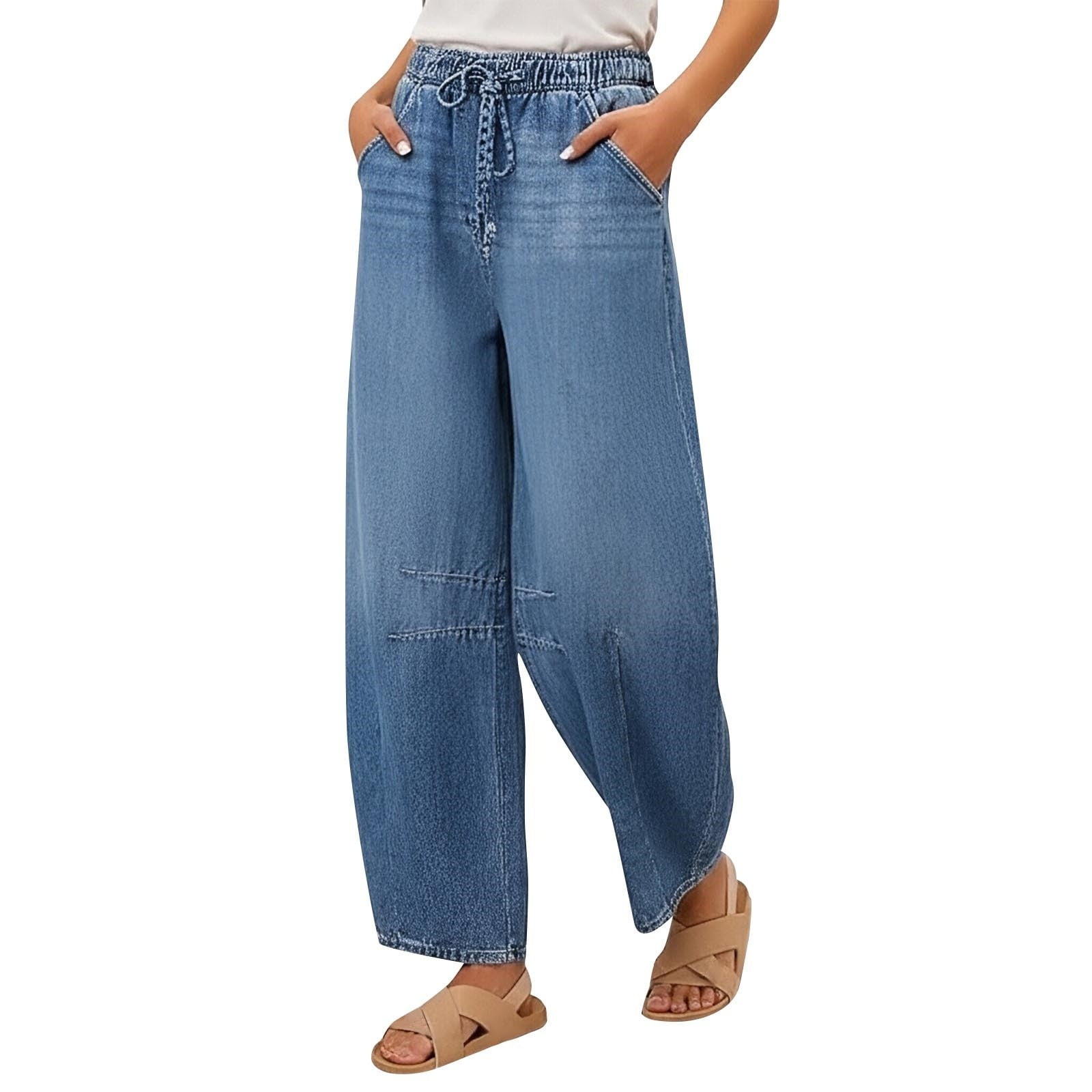 Baggy Jeans for Women High Waisted Wide Leg Jeans Elastic Waist Strechy Drawstring Pull On Denim Pants with Pockets