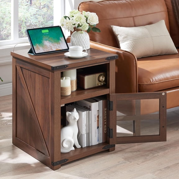 PieDle Charging Station End Table with Built-In Outlets & USB Ports, Rustic Farmhouse Nightstand with Glass Door and Storage Shelf for Bedroom Living Room