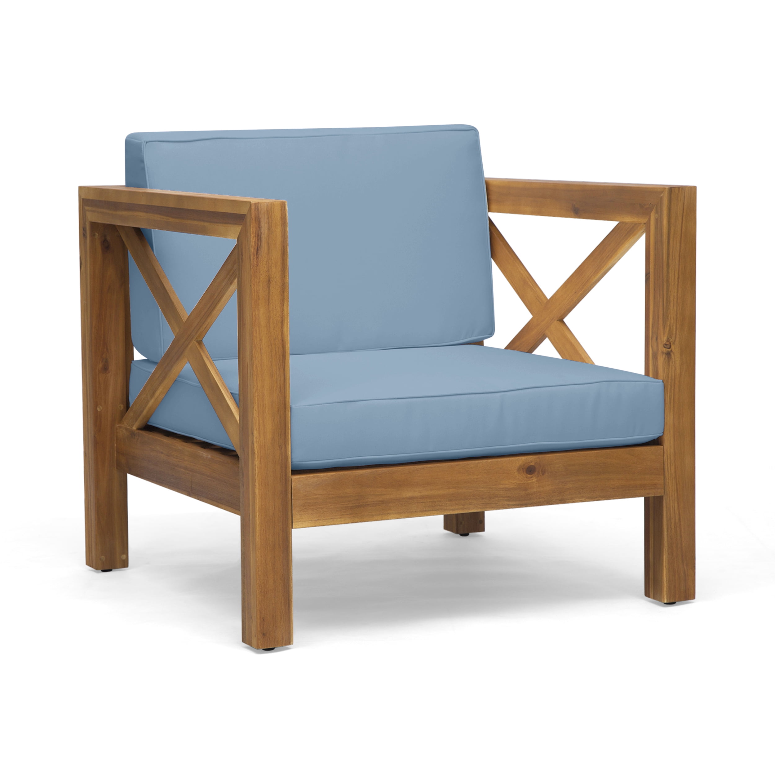 Outdoor Single Leisure Seat Chair, Acacia Wood Frame Relaxing Seat for Patio Garden, Blue