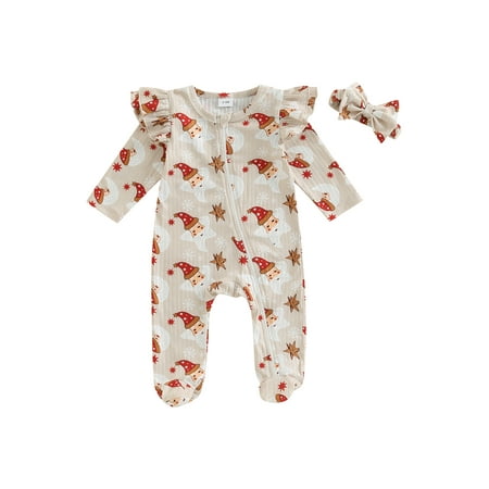 

Huakaishijie Newborns Baby Girls Santa Print Ruffled Long Sleeve Zipper Footed Jumpsuit + Headband Christmas Outfits