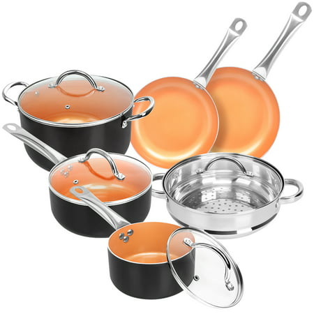 SHINEURI 10 pieces Copper Cookware Set Non-stick Cooking Pots and Pans Set Casserole with Steamer Ceramic Coating Induction Frying