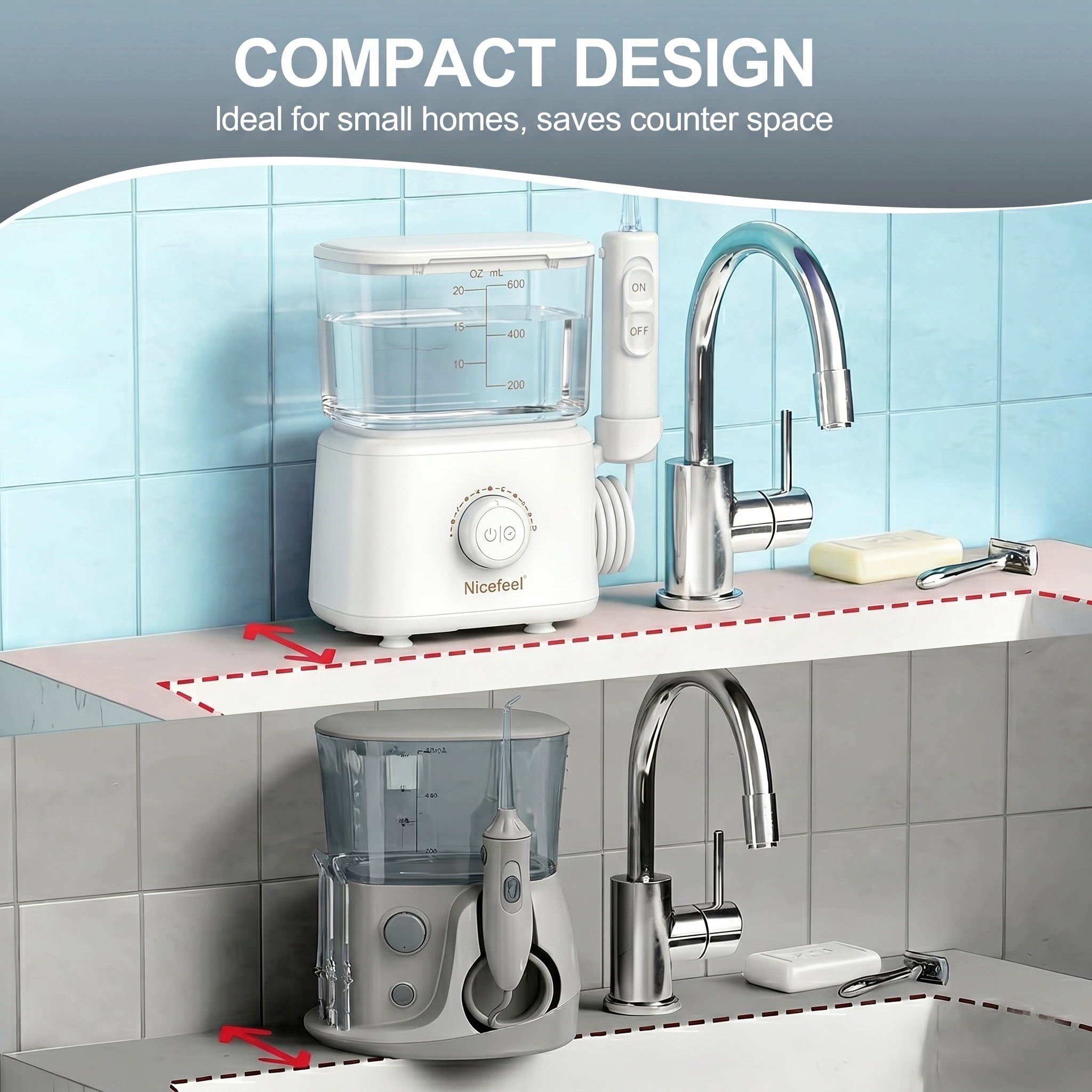 2 Modes Countertop Water Flosser with 40 Pressure Settings, 600ml Detachable Tank, 5 Nozzles for Braces and Sensitive Gums, White