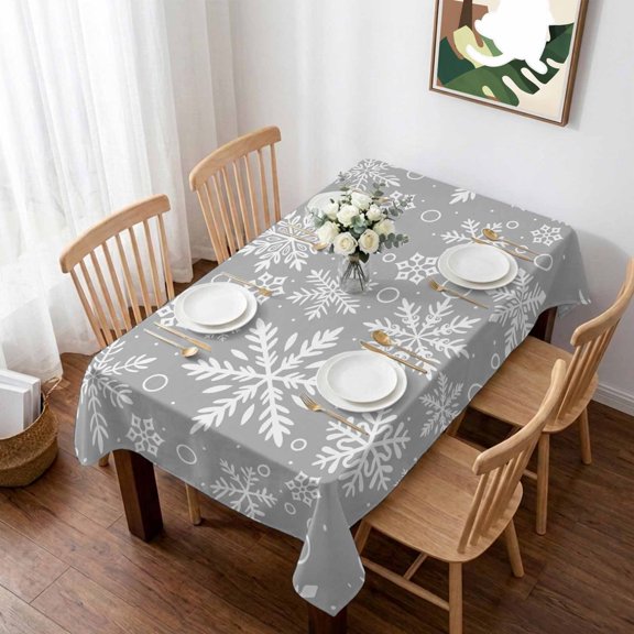 Grey Christmas Table Cloth Waterproof Tablecloths, Xmas Snowflake White Tablecloth Dining Table Cover for Kitchen Party Tabletop Outdoor, Rectangle Tablecloth 52x70 Inch