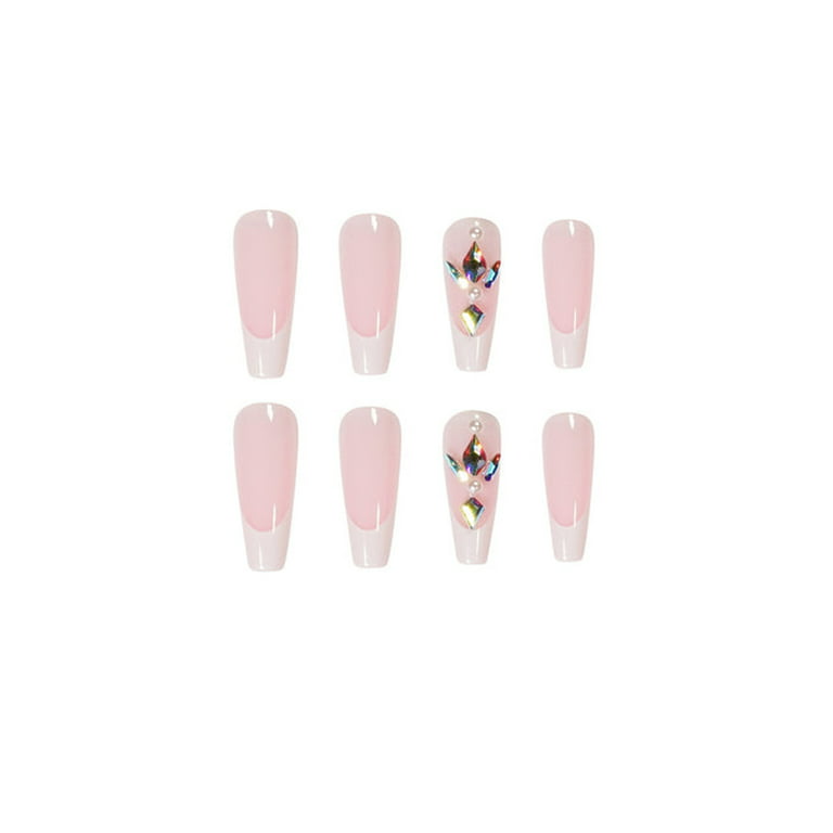 Fofosbeauty 24pcs Press on False Nails, Long Coffin Fake Nails for Girls  Women, Coffin Gel White with Stones 
