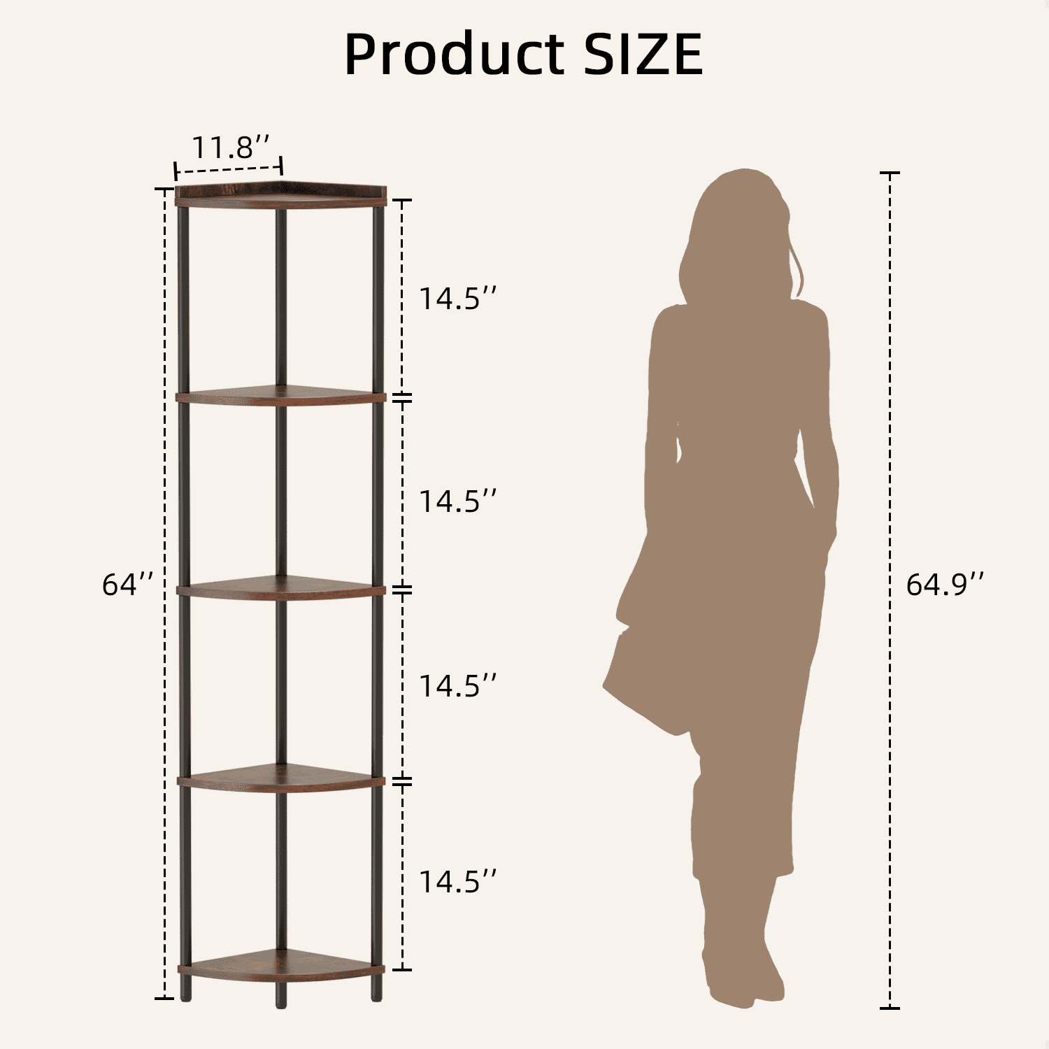 Corner Shelf Bookcase with LED Light, 5-Tier Corner Bookshelf Corner Shelf Stand for Bedroom,Living Room,Berry Brown