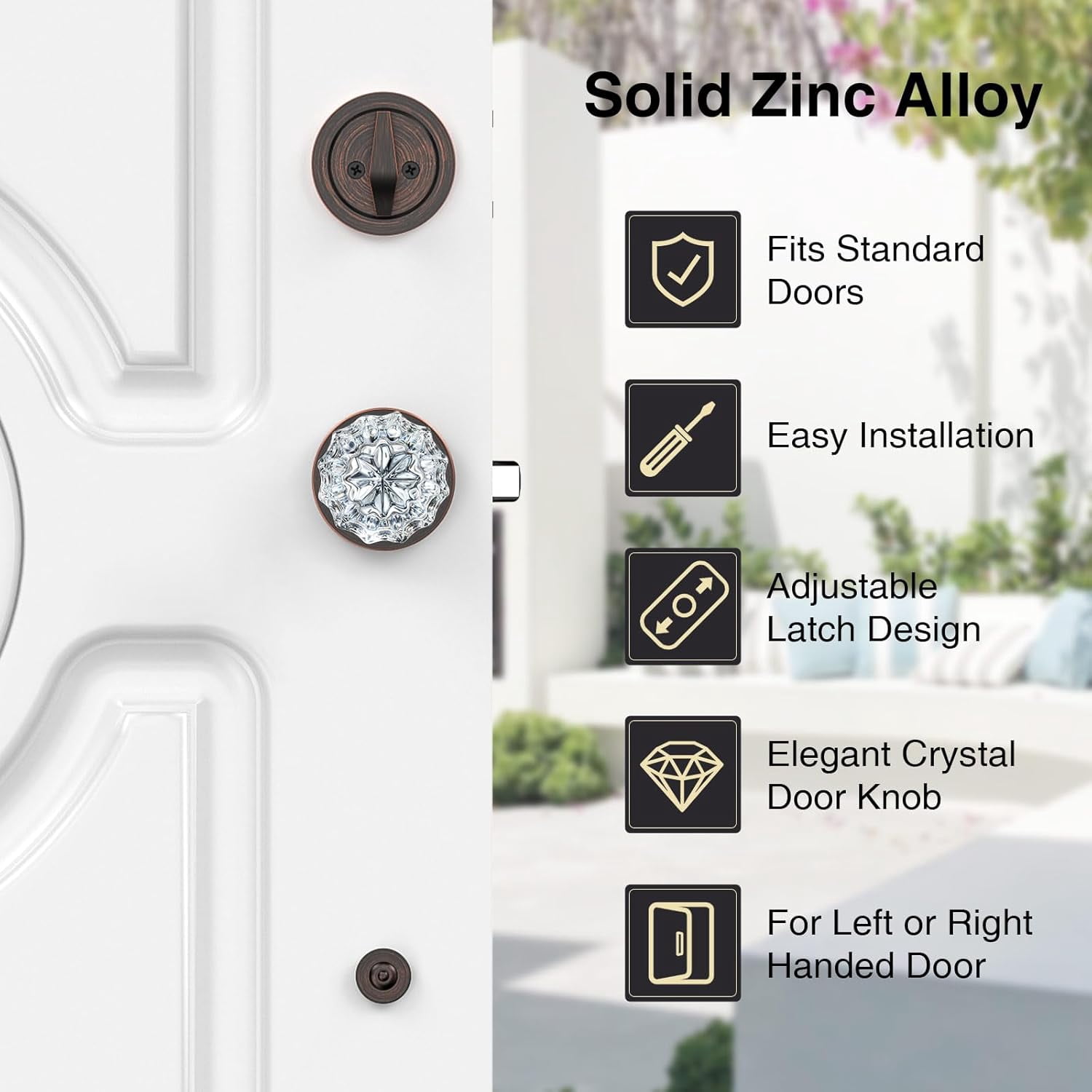 Vintage Front Door Handle and Deadbolt Set, Front Door Lock Set with Crystal Glass Door Knob, Entry Door Lock Set with Single Cylinder, Reversible for Right & Left, Oil Rubbed Bronze