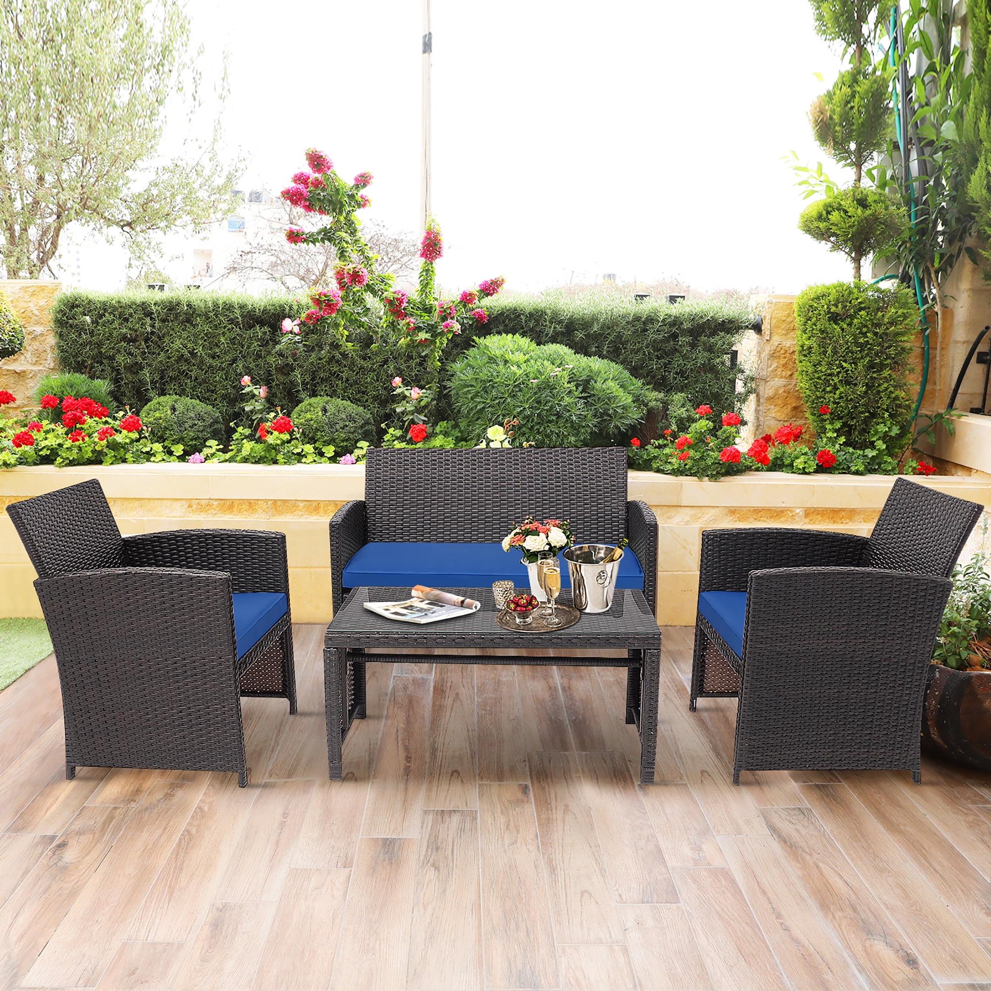 Costway 4PCS Patio Rattan Furniture Set Cushioned Chair Sofa Coffee Table Navy