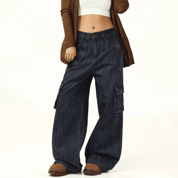 Women's Baggy Boyfriend Cargo Jeans Vintage Wide Leg Mid Rise Barrel Denim Long Pants with Pockets
