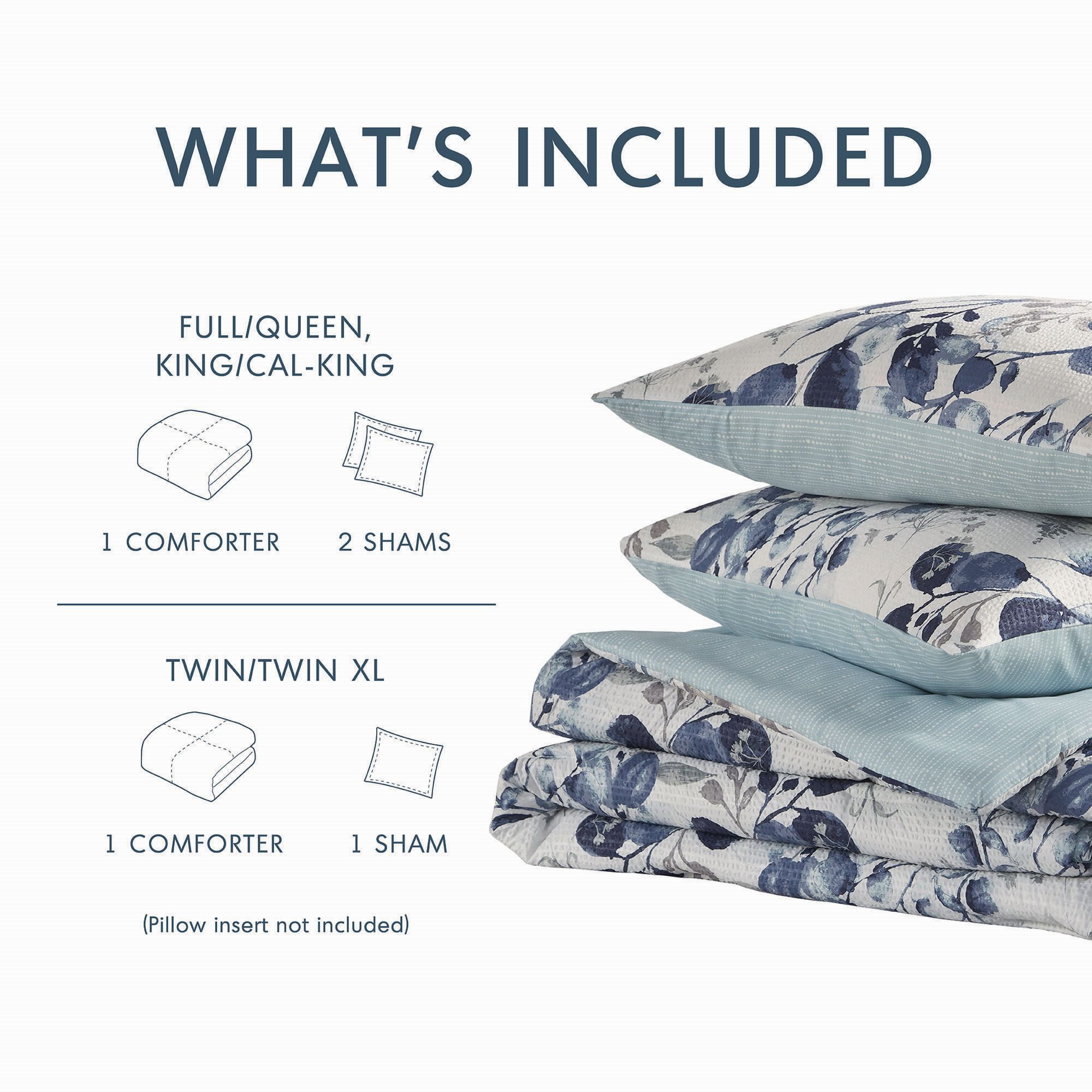 Regency Heights King/Cal King Reversible Seersucker Floral Bedding Comforter Sets 3 Piece Lightweight Navy/Blue Botanical Flowers Bedding Sets with Pillow Shams