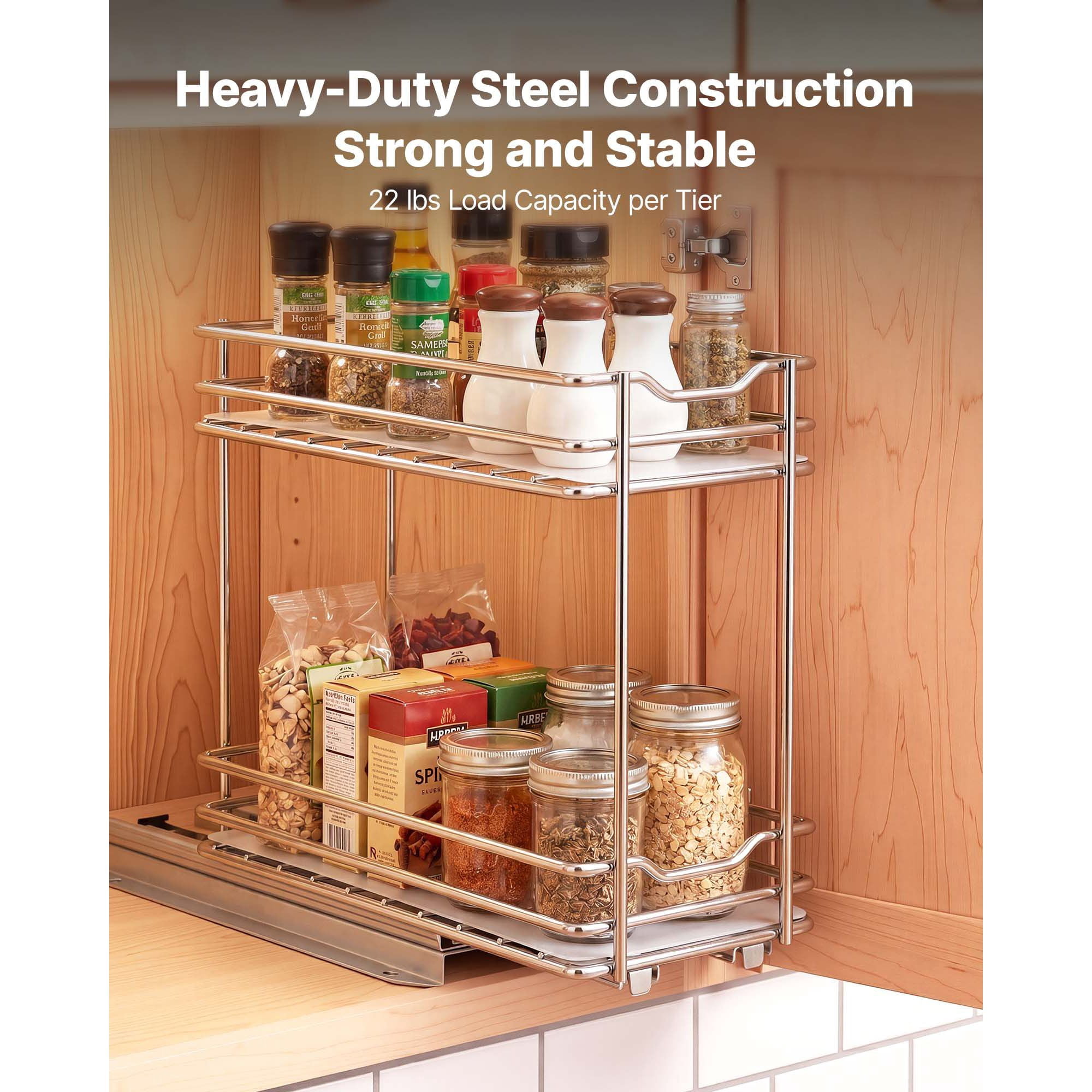 Pull Out Spice Rack Organizer for Cabinet, 2 Tier Slide Out Spice Rack Organizer, Heavy Duty Metal Seasoning Kitchen Basket for Inside Cabinets & Pantry Closet, 4.33"W x 8.46"D x 10.43"H, Silver