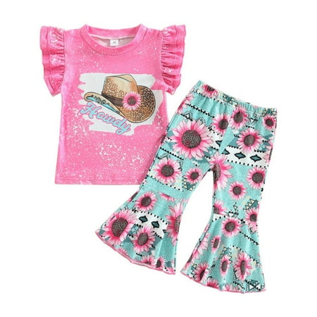 

BULLPIANO Toddler Baby Girls Outfits Western Cow Print Clothes Spring Summer Short Sleeve Tops & Bell Bottoms Set 1-5Y