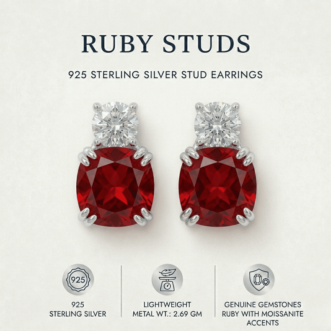 Ruby Studs for Women Earrings Cushion Cut Lab Grown 1.40ct 925 Sterling Silver Gift for Her