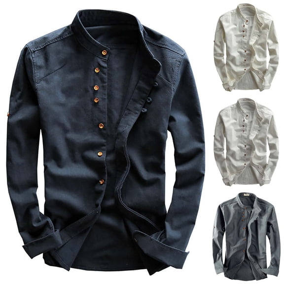 Migroa Men's Linen Shirts Long Sleeve Shirts Casual Button Down Banded Collar Shirt Beach Summer Tops Spread Collar Beach Plain Tops Blue L