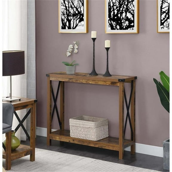 Pemberly Row Modern Console Table in Nutmeg Wood Finish and Black Metal