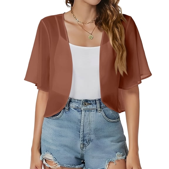 Women Shrug Chiffon Cardigans Open Front Short Sleeve Bolero for Evening Dressy 2026 Khaki S