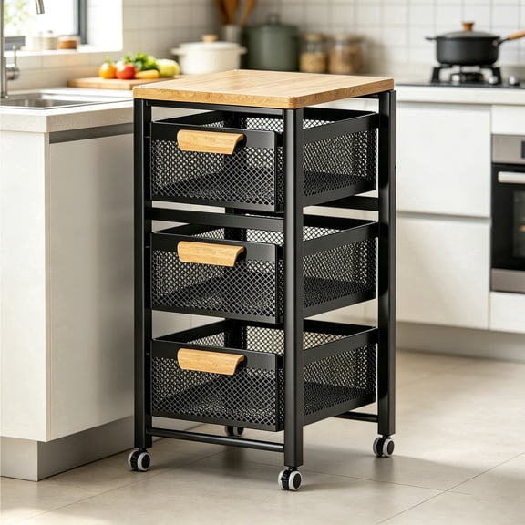 LCNDKF Kitchen Storage Rolling Cart, Detachable Mesh Drawers & Natural Wood Countertop, Organizer Trolley for Kitchen.