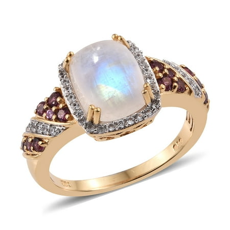 - Halo Ring 925 Sterling Silver Vermeil Yellow Gold Rainbow Moonstone Rhodolite Garnet Jewelry for Women Size 8