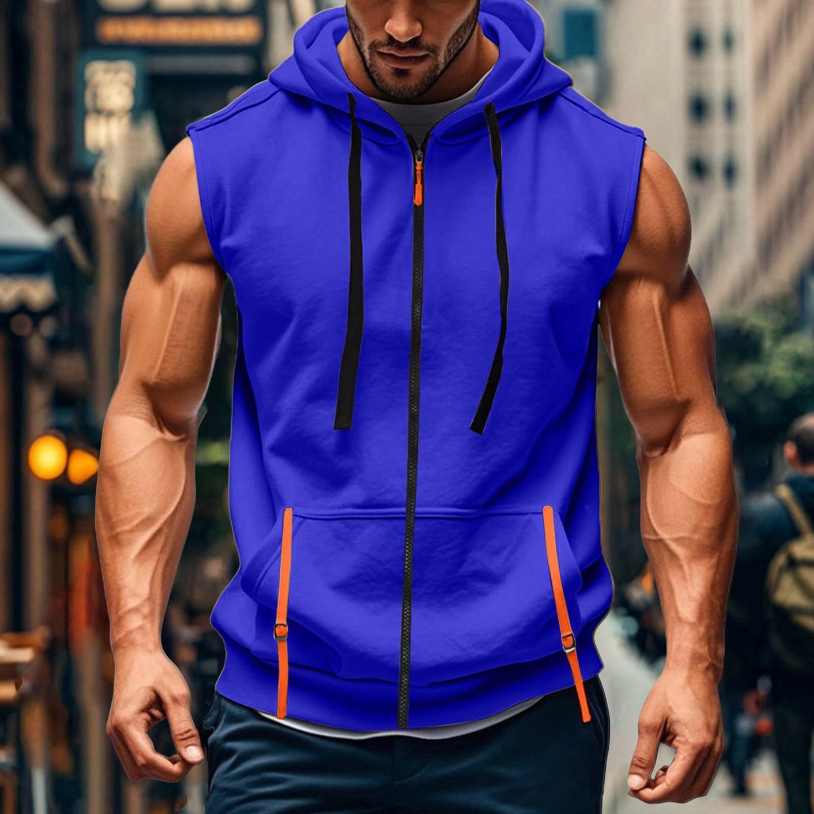 Men's Hooded Zipper Cardigan 60% Cotton 40% Linen Sleeveless Vest Quick Dry Breathable Workout Running Bodybuilding Casual Gym Outdoor Sports Beach | Zenithor,Blue L